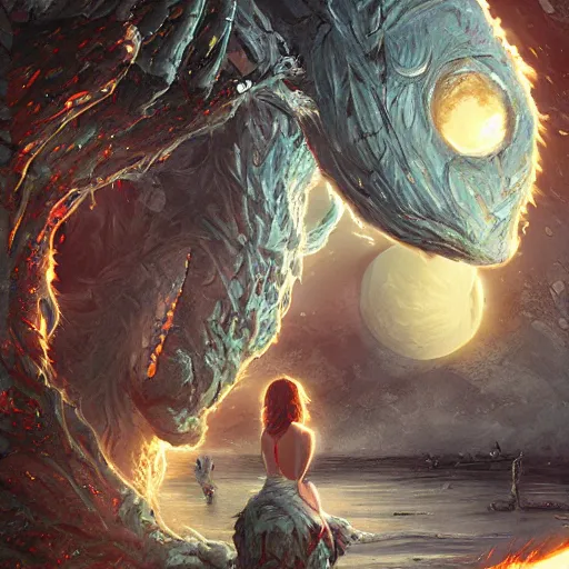 Image similar to giant moon cheese monster with emma roberts, 8 k, depth of field, 3 d, art by artgerm and greg rutkowski