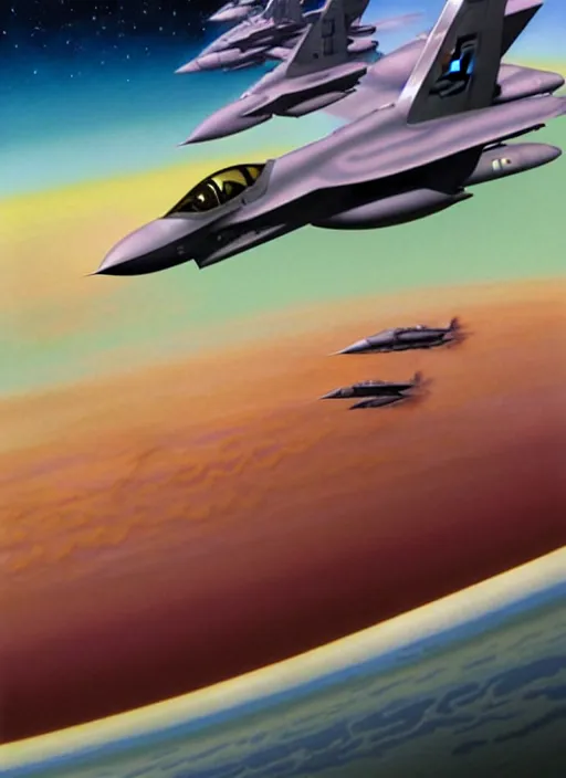 Image similar to poster artwork by michael whelan and tomer hanuka, a portrait, f 3 5 jets dogfighting in the clouds of jupiter, clean