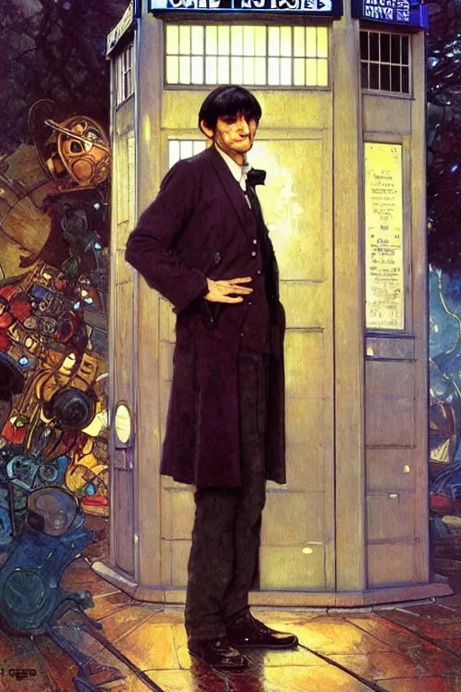 Prompt: The second Doctor standing next to the TARDIS, portrait by Stanley Artgerm Lau, greg rutkowski, thomas kindkade, alphonse mucha, loish, norman Rockwell