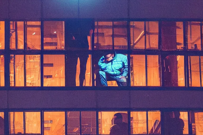 Prompt: outdoorsy guys club likes to look at the exteriors of urban architecture onion column shot by christopher doyle wong kar-wai film texture reflection through lit windows with slight drizzle trickling from them high definition film cinematography quality red blue