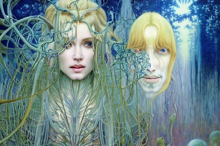 Image similar to realistic detailed portrait painting of a beautiful ghost woman with blond hair with an alien, futuristic sci-fi forest on background by Jean Delville, Amano, Yves Tanguy, Alphonse Mucha, Ernst Haeckel, Edward Robert Hughes, Roger Dean, rich moody colours, blue eyes