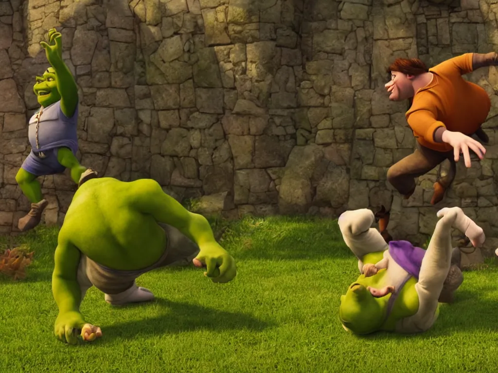 Image similar to shrek breakdancing while lord farquaad is in the back being impressed, High Definition detail, 8K, photography