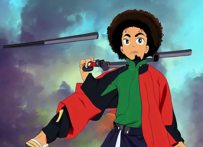 Image similar to huey freeman from boondocks in a samurai outfit in 8 0 s futurism style, anime, detailed, 4 k - h 1 0 2 4