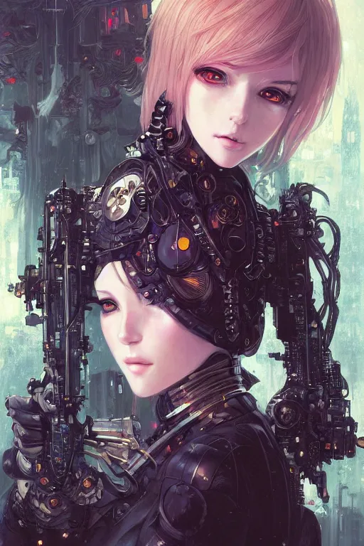 Image similar to portrait of beautiful young gothic maiden, cyberpunk, Warhammer, highly detailed, artstation, illustration, art by Gustav Klimt and Range Murata and Ilya Kuvshinov and RossDraws