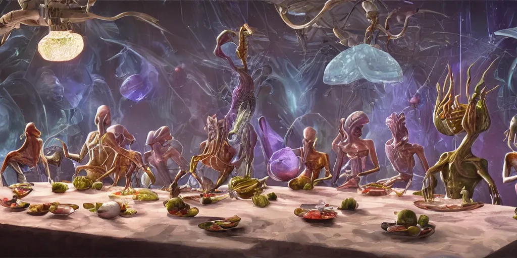 Prompt: !view from the kitchen, chefs cooking, in the background we see 13 diverse aliens enjoying a rich salad around a marble table, !positioned as last supper cinematic lighting, crystals and diamonds, fantasy, surreal, floating, highly detalied, 4k, artstation, by Wayne Barlowe