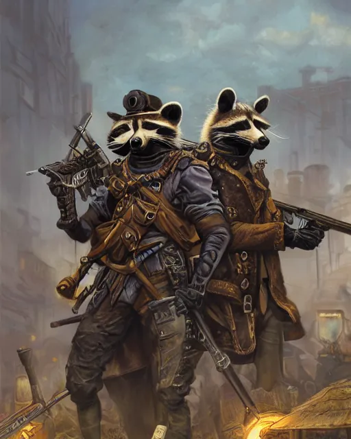 Prompt: oil painting of anthropomorphized raccoon legion holding rifles, steampunk clothes, steampunk city background, sharp focus, fantasy style, octane render, volumetric lighting, 8k high definition, by greg rutkowski, highly detailed, trending on art Station, dungeons and dragons artwork, centered