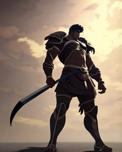 Image similar to strong muscular warrior with a greatsword and fully clad in plate armor, dramatic action pose, square masculine jaw, short messy hair, 3 d octane render, unreal engine 5, ultra high detail, cel shaded, trending on pixiv fanbox, by greg rutkowski makoto shinkai takashi takeuchi studio ghibli, akihiko yoshida