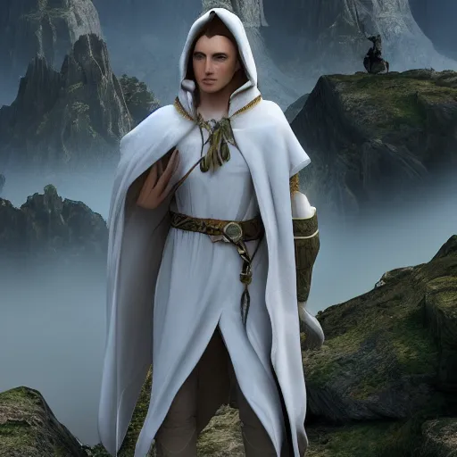 Prompt: Elven citizen, white cloak, satchel, standing in a valley, digital art, 4k, unreal engine, high quality render