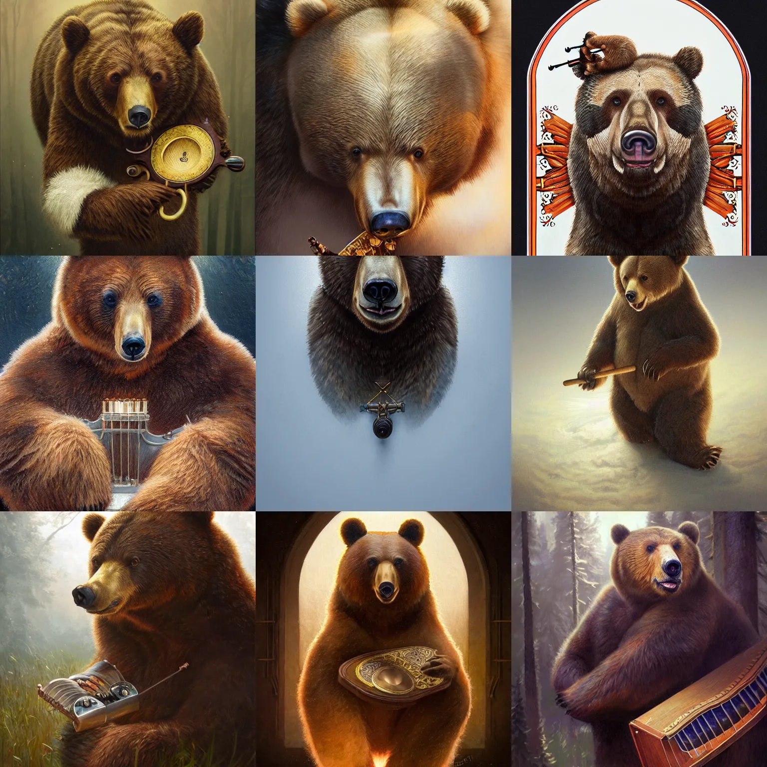 Prompt: realistic bear playing russian traditional Composite chordophone, realistic portrait, symmetrical, highly detailed, digital painting, artstation, concept art, smooth, sharp focus, illustration, cinematic lighting, art by artgerm and greg rutkowski and alphonse mucha