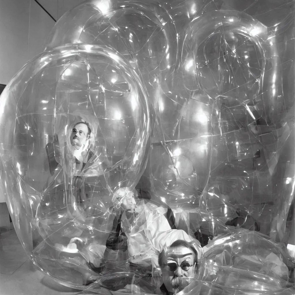 Prompt: Marshall McLuhan trapped in a huge inflatable transparent tube with chrome effect