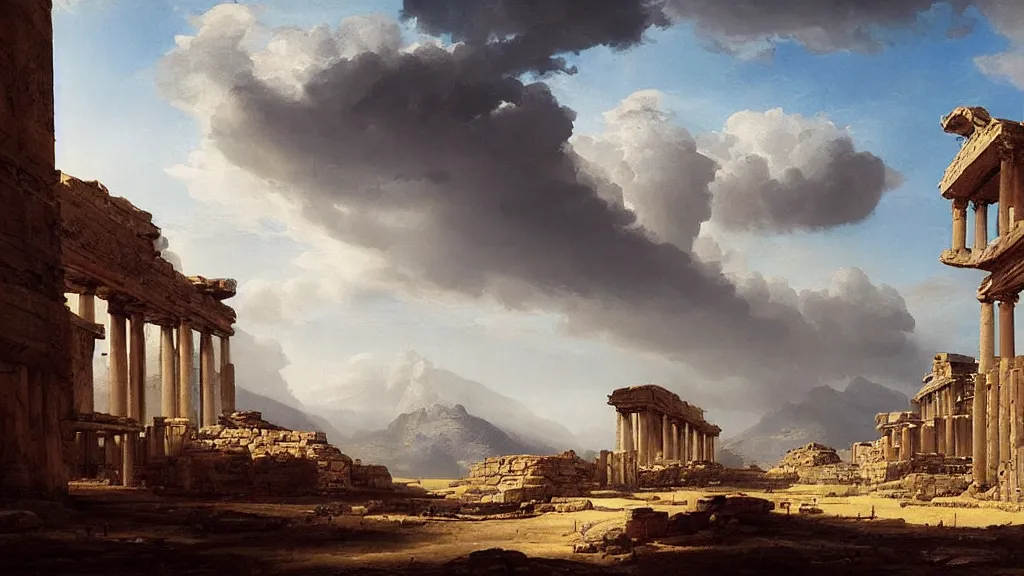 Prompt: Painting of an ancient world, by Raphael Lacoste