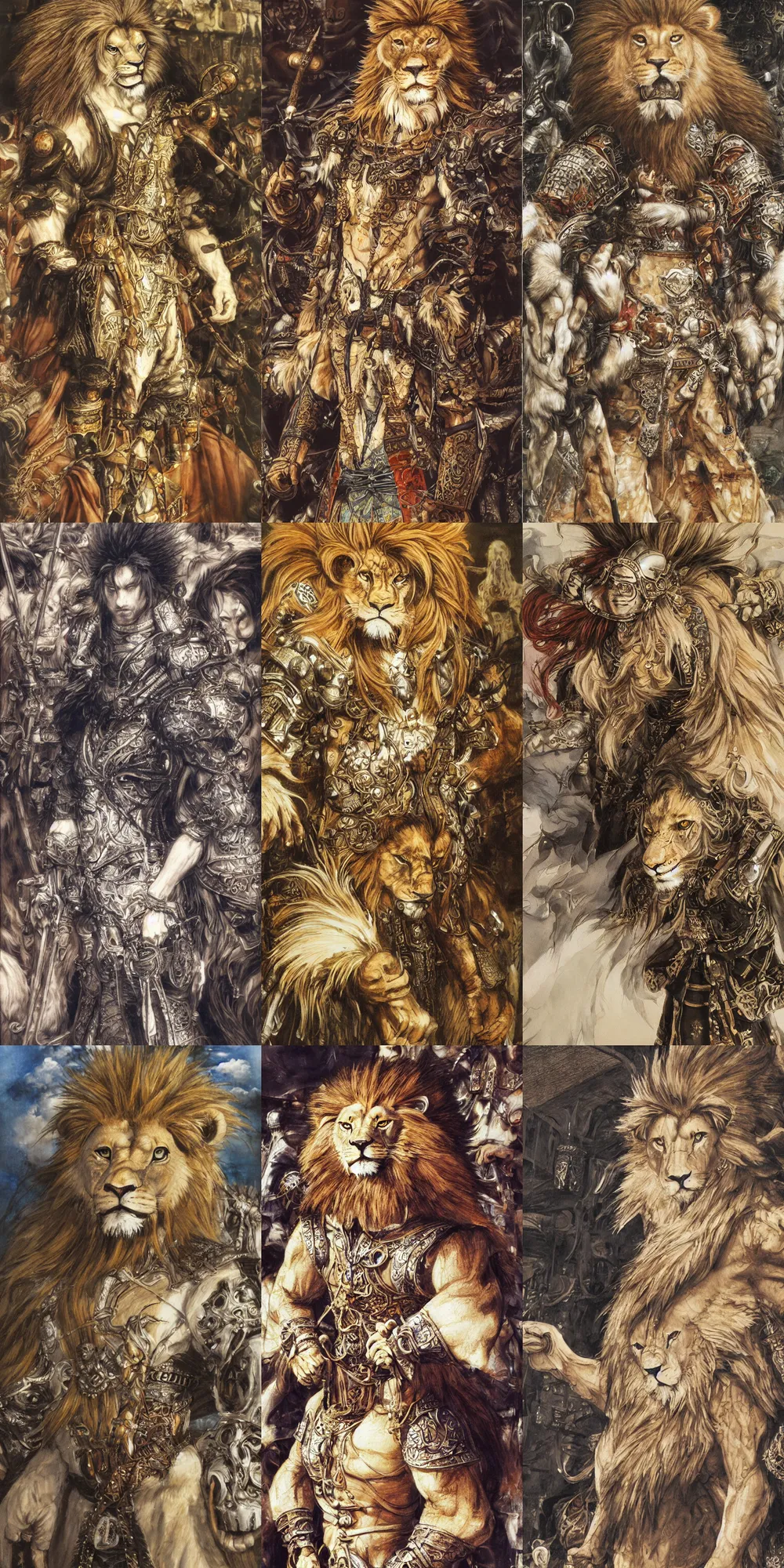 Image similar to 8 k yoshitaka amano painting of upper body of a young cool looking lion beastman with white mane at a medieval market at windy day. depth of field. he is wearing complex fantasy clothing. he has huge paws. renaissance style lighting.