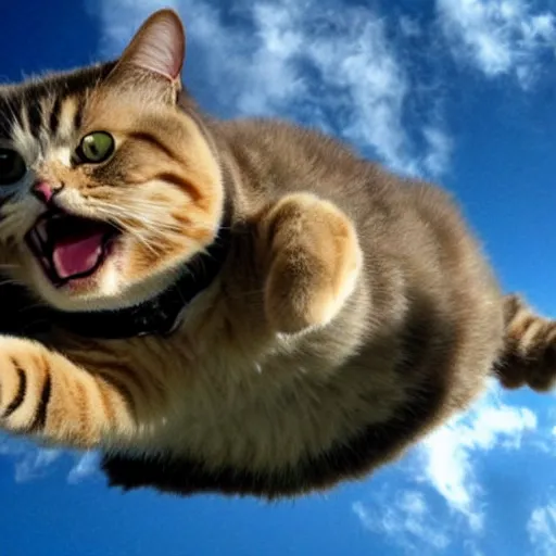 Image similar to real photo of fat angry cat skydiving