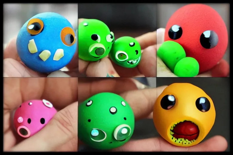 Image similar to cute spherical monsters representing fundamental particles, made of FIMO, trending on artstation