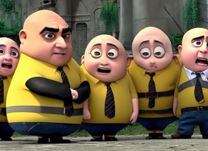 Prompt: Danny DeVito cast as Gru with his minions, still from Despicable Me 2010