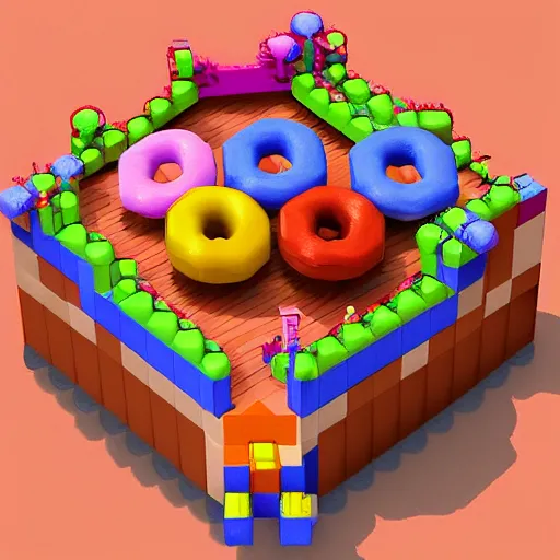 Prompt: little people fight over a donut, voxel art