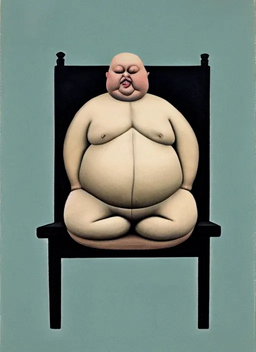 Image similar to fat man sitting on chair, sweat, fat, frustrated, art by gertrude abercrombie