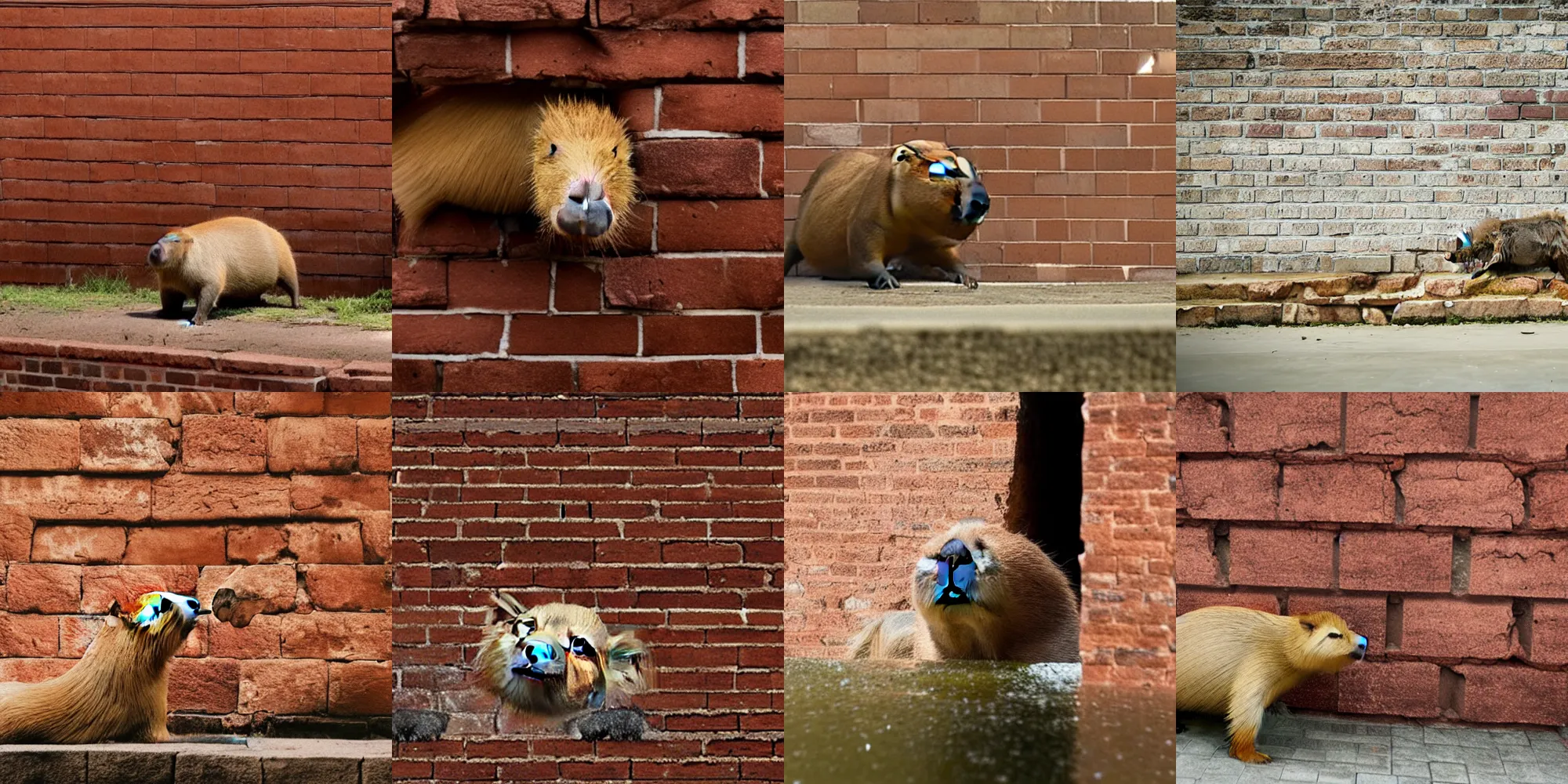 Prompt: Capybara breaking through brick wall, movie scene, bricks flying outwards