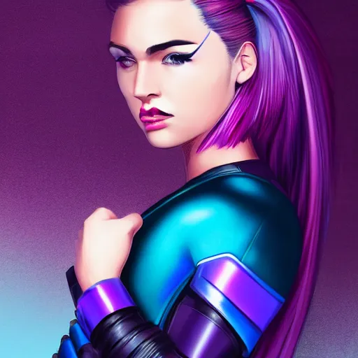 Image similar to a stunning upper body portrait of a beautiful young woman wearing futuristic navy blue and teal battle bodyarmor, ombre purple and pink hairstyle, hair blowing in the wind, hoop earrings, by marvel comics, digital art, trending on artstation