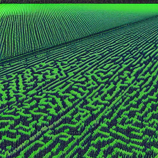 Prompt: dimension with an infinite amount of small crop fields floating about 1 meter from each other