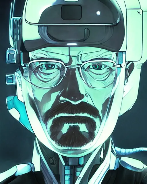 Prompt: portrait of walter white as a robot, cybernetic enhancements, art by makoto shinkai and alan bean, yukito kishiro