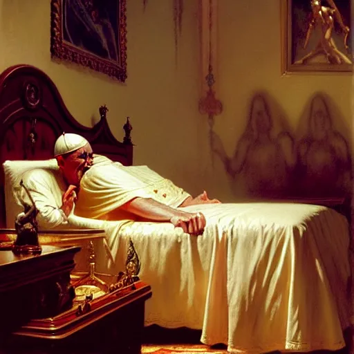 Prompt: the pope wakes up is his bed, sweating, nervous, terrified, because a double horned shadow demon lurks in the wall of the papal bedroom. highly detailed painting by gaston bussiere, j. c. leyendecker, greg rutkowski, craig mullins 8 k