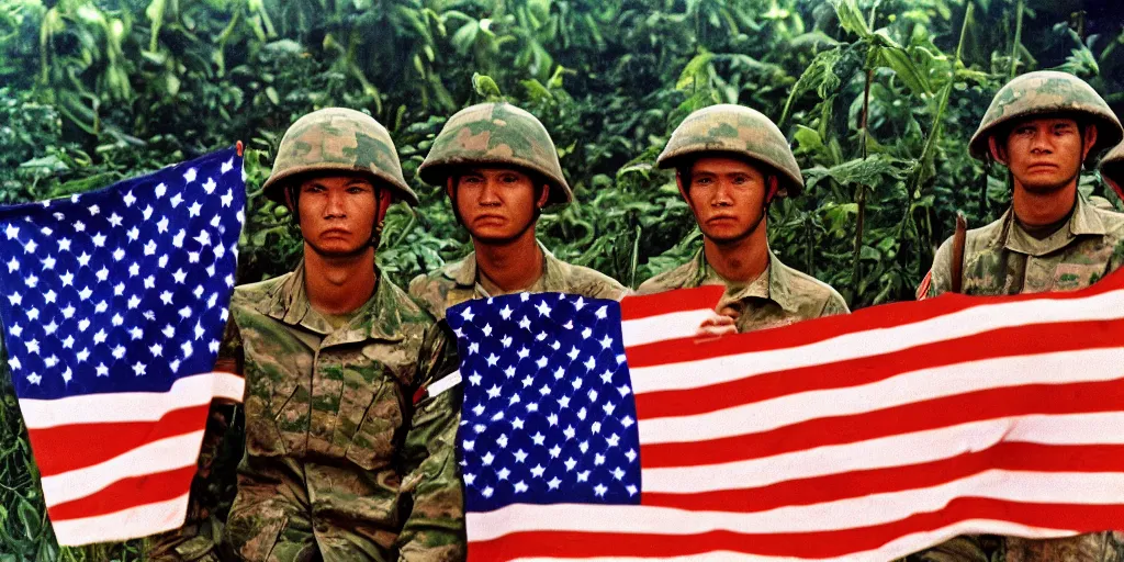 Prompt: u. s. soldiers in 1 9 6 9 in vietnam war, soldiers portrait closeup, face closeup, us flag, jungles in the background, coloured film photography, ken burns photography, lynn novick photography