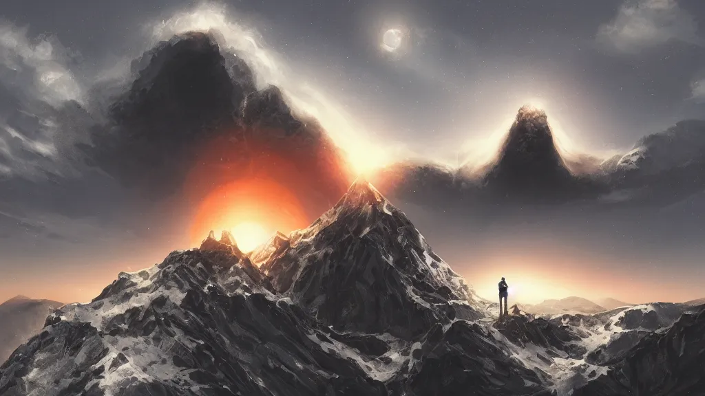 Prompt: someone standing at the peak of a mountain, there is a black hole in the sky, majestic, digital painting, trending on artstation