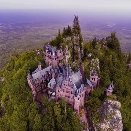 Image similar to dark gothic castle on an high mountain near the ocean. gradient purple sky. aerial photography, flintlock fantasy