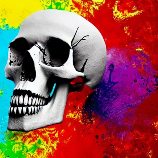 Prompt: skull made from flowing, exploding colorful paint