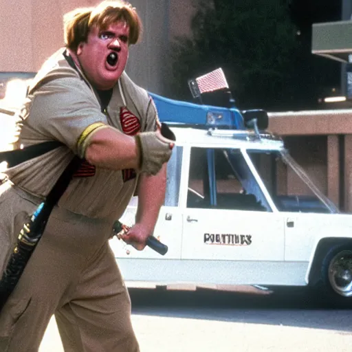 Image similar to Chris Farley as a Ghostbuster in a still from the movie Ghostbusters 8k hdr highly detailed
