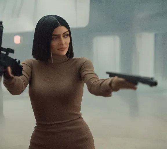 Image similar to a movie still of kylie jenner as joi aiming a gun at ryan gosling in the movie blade runner 2 0 4 9