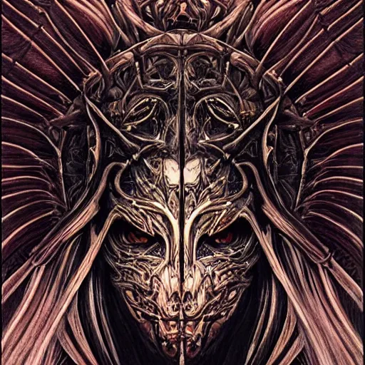 Image similar to Elden Ring themed painting of hybrid majestic biomechanical satanic cultist human beautiful undead angel symmetrical face angry mask closeup face breathing mask tattoo pattern golden ratio concept, deep forest psytrance Neo-Gothic concept, infinity glyph waves, intricate artwork masterpiece, very coherent artwork, cinematic, full frontal facial features by Artgerm, Takato Yamamoto, Zdizslaw Beksinski, Johnatan Wayshak, Moebius, Ayami Kojima, very anatomically coherent artwork, trending on cgsociety, ultra high quality model, production quality cinema model, high detail chromatic ink outline, octane render, unreal engine 8k, hyper realism, high detail, octane render, unreal engine, 8k, High contrast