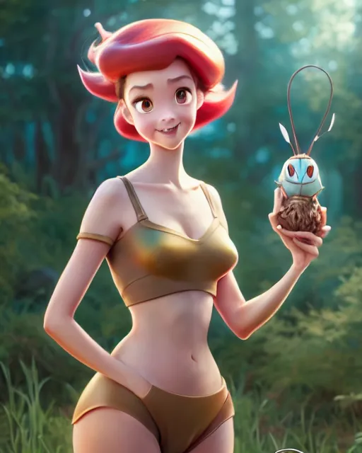 Image similar to weta disney pixar movie still pinup photo of eevvee pokemon humanisation : : as girl by pixar : : by weta, greg rutkowski, wlop, ilya kuvshinov, rossdraws, artgerm, marvel, maxim cover, latex, octane render, sweaty, iridescent, bright morning, anime, liosh, mucha : :