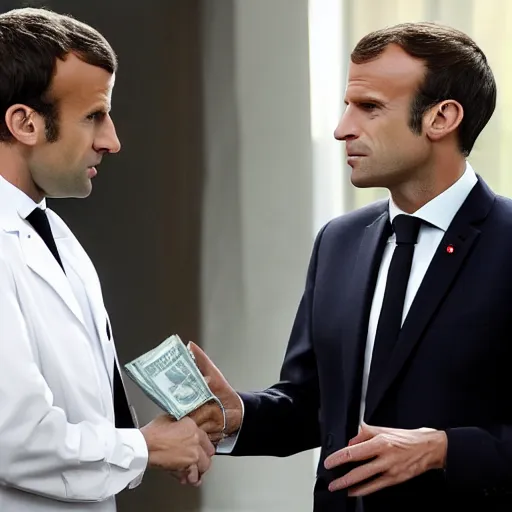 Image similar to Emmanuel Macron giving a briefcase of money to Walter White in Breaking Bad