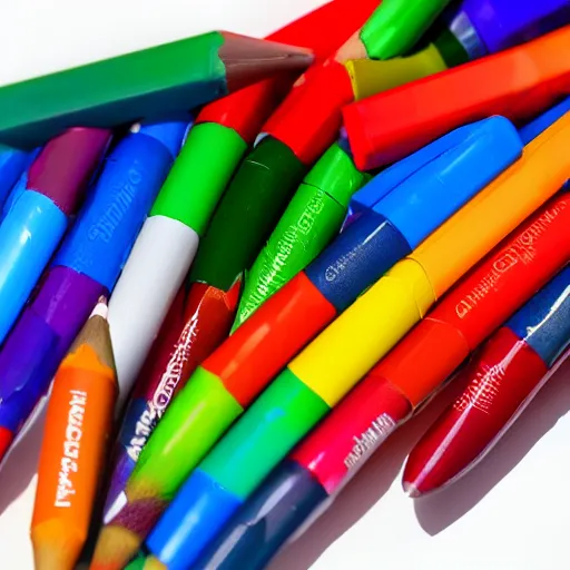 Prompt: studio photograph of crayola markers leaking all over a white studio background, studio lighting, high quality, enhanced, product image, hd, 8k