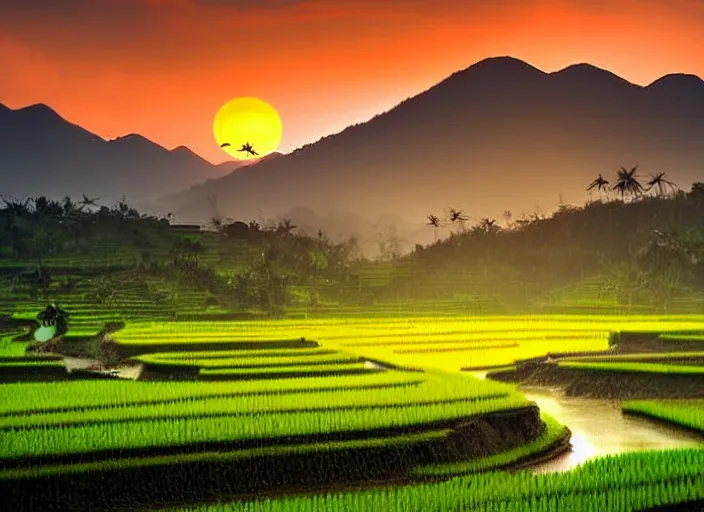 Image similar to a road between rice paddy fields, two big mountains in the background, big yellow sun rising between 2 mountains, flocks of birds in the sky, indonesia national geographic, award winning dramatic photography