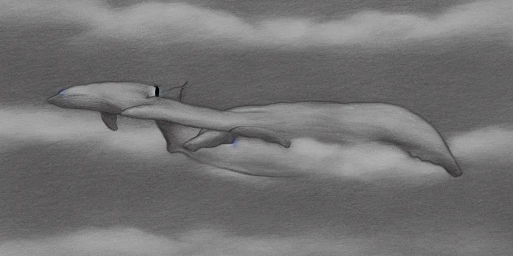 Prompt: a whale swimming in the sky, a dark cloudy day, a shot from skyscrapper, pencil drawing, ultra realistic, dmt