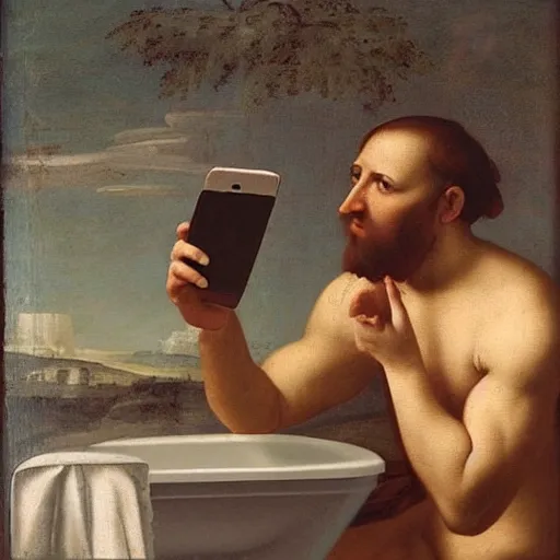Prompt: a young man sitting on a white marble toilet attentively staring at his smartphone, distant thoughtful look, renaissance painting