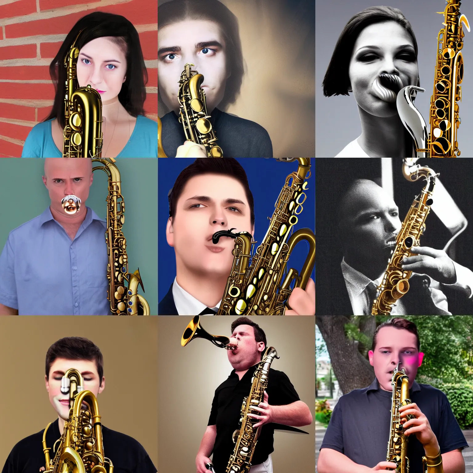 Prompt: face merged with a saxophone