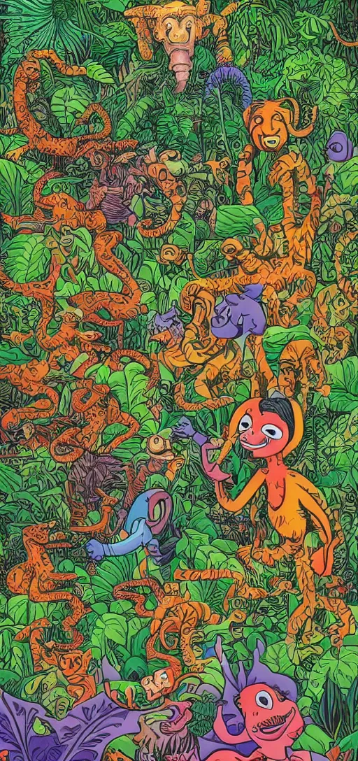 Prompt: a jungle of lies, with creatures of all kinds, full color in the style of jim woodring