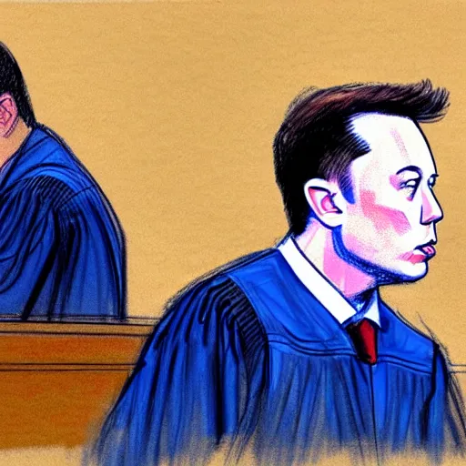 Prompt: courtroom sketches from the elon musk v twitter trial, the judge is a bluebird