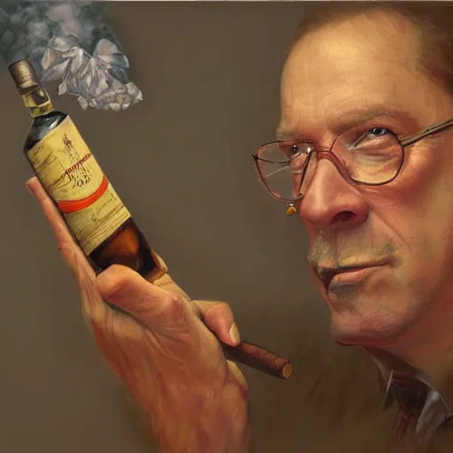 Prompt: barney from barney the dinosaur drinking whisky and smoking a cigar, portrait art by donato giancola and greg rutkowski, realistic face, digital art, trending on artstation