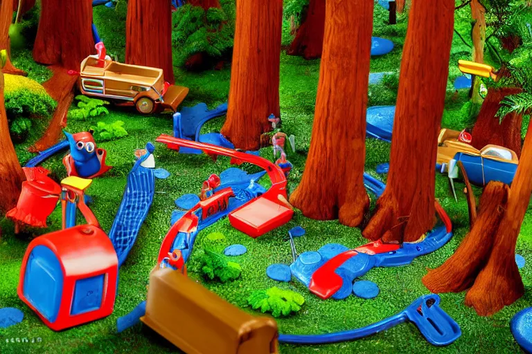 Image similar to fisher price redwood forest, california scene from tv show hyper detailed 5 5 mm 8 5 mm, toy photography, plastic coated