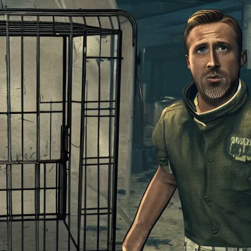 Image similar to ryan gosling in fallout 4 in a slave cage