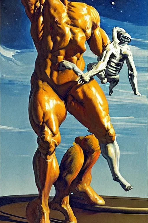 Prompt: bodybuilder in an astronaut helmet lifts a statue of a horse, highly detailed painting by francis bacon, edward hopper, adrian ghenie, gerhard richter, and james jean soft light 4 k,