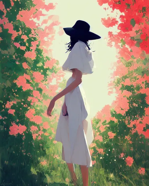 Image similar to a ultradetailed beautiful painting of a stylish woman wearing a white dress with a sun hat, by conrad roset, greg rutkowski and makoto shinkai trending on artstation