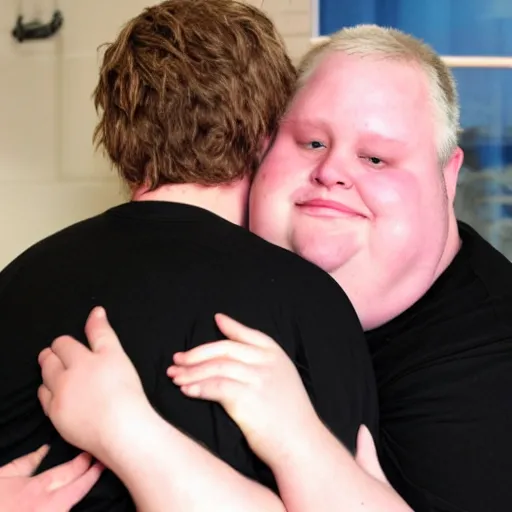 Image similar to morbidly obese man hugging justin bieber