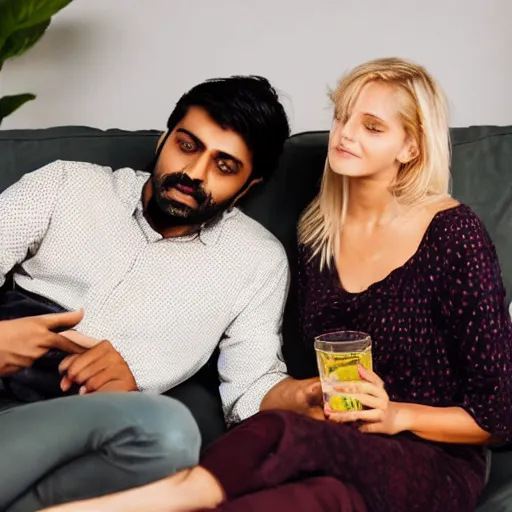 Prompt: indian guy and blonde swedish girl drinking gin and tonics on the couch