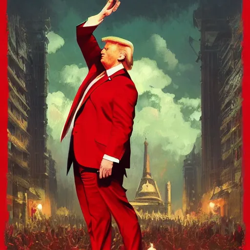 Image similar to donald trump as a communist, saluting, red suit, art by artgerm, greg rutkowski, alphonse mucha, studio portrait, highly detailed, digital art, elegant, intricate, concept art, trending on artstation